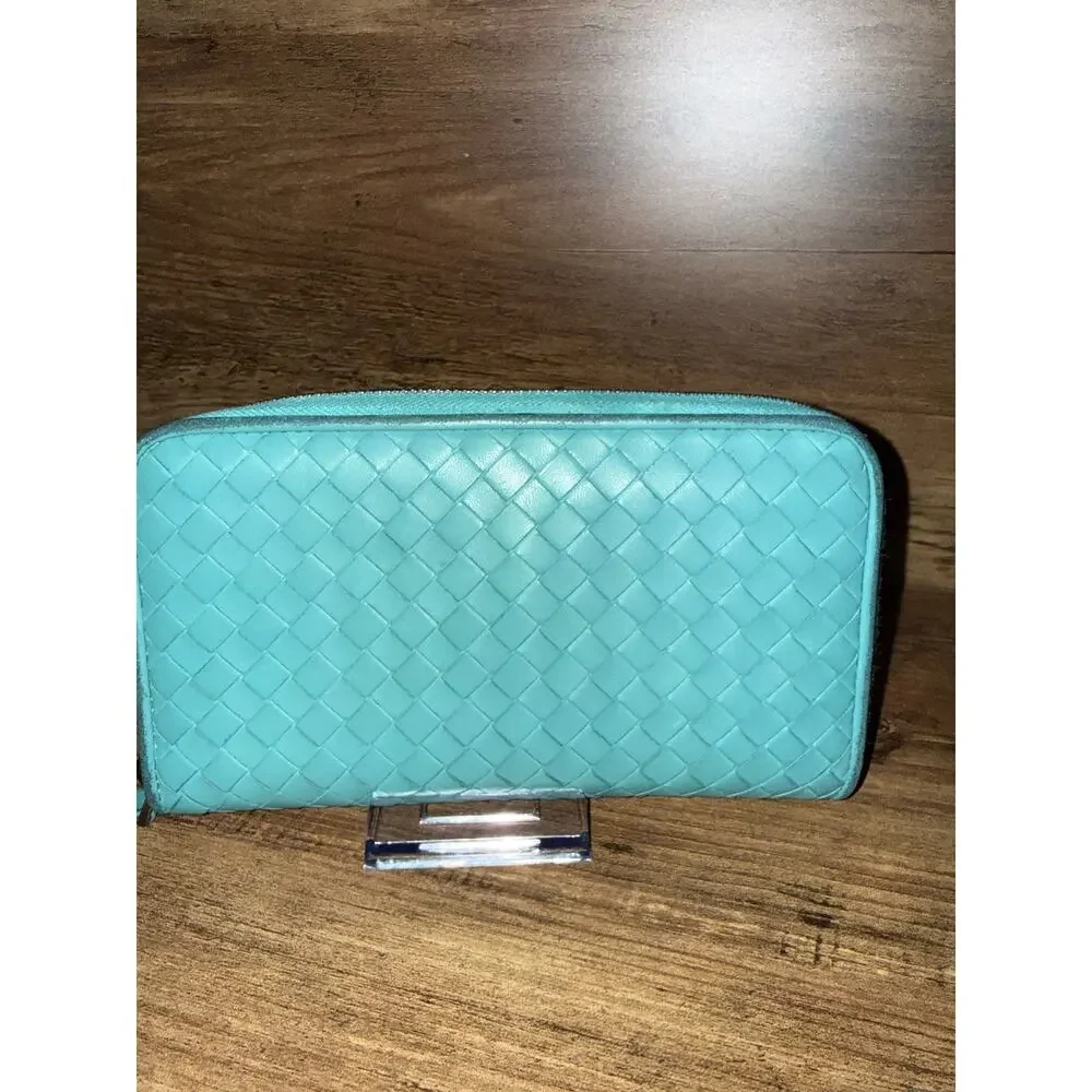 Bottega Veneta Intrecciato Zip-Around Wallet in Turquoise Leather with coa